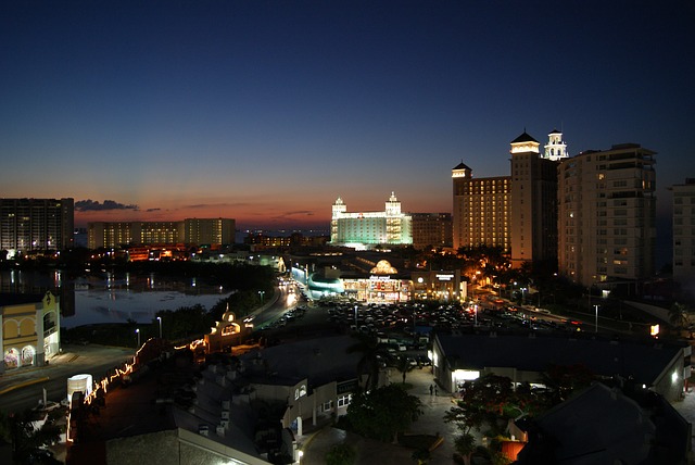 A view of the Cancun skyline at night.