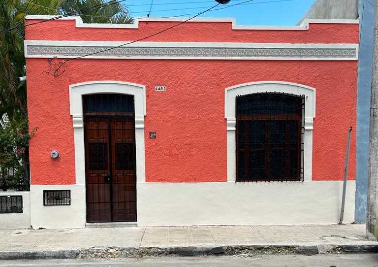 front view of tiny house in colonial merida, mexico 