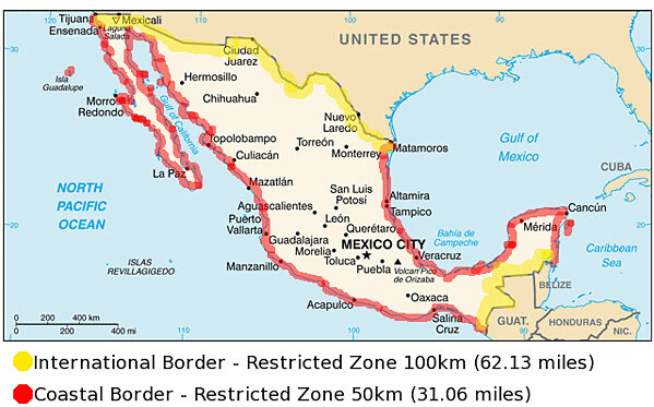 Map of Mexico's restricted zone to buy real estate as a foreigner